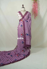 White with Magenta Purple - Pragathi - Linen Cotton Saree Madras Checks with Rose Flower Prints - Best for Office Wear | Casual Wear