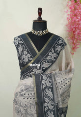 Muted Beige - Pragathi - Linen Cotton Saree with Kalamkari Peacock, Floral Print and Tiny Border - Perfect for Office Wear | Summer wear | Casual Wear