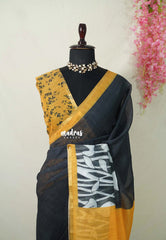 Nightfall Black - Pragathi - Linen Cotton Saree Floral Print wiht Contrast Pallu and Blouse - Perfect for Office Wear | Summer wear | Casual Wear