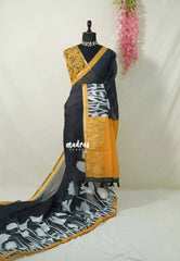 Nightfall Black - Pragathi - Linen Cotton Saree Floral Print wiht Contrast Pallu and Blouse - Perfect for Office Wear | Summer wear | Casual Wear