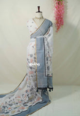 Pearl White - Pragathi - Linen Cotton Saree Lotus Print with Plain Border - Perfect for Office Wear | Summer wear | Casual Wear