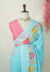 Sky Melody Blue - Pragathi - Linen Cotton Saree Lotus Prints Border wiht Contrast Blouse - Perfect for Office Wear | Summer wear | Casual Wear