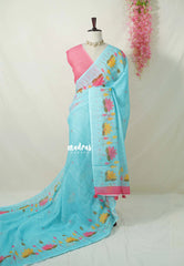 Sky Melody Blue - Pragathi - Linen Cotton Saree Lotus Prints Border wiht Contrast Blouse - Perfect for Office Wear | Summer wear | Casual Wear