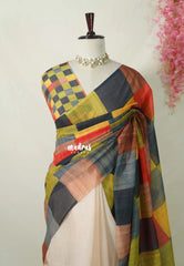 Sandal Beige with Multicolor Checks - Pragathi - Linen Cotton Saree Half and Half Pattern with Box Prints - Perfect for Office Wear | Summer wear | Casual Wear
