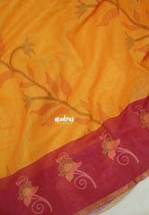 Mango Yellow - Pragathi - Linen Cotton Saree Leaf, Flower Print wiht Contrast Pallu and Blouse - Perfect for Office Wear | Summer wear | Casual Wear