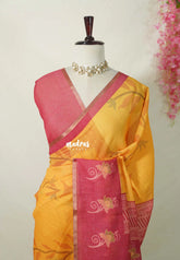 Mango Yellow - Pragathi - Linen Cotton Saree Leaf, Flower Print wiht Contrast Pallu and Blouse - Perfect for Office Wear | Summer wear | Casual Wear