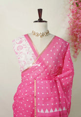 Cotton Candy Pink - Pragathi - Linen Cotton Saree Square Box Buttas Print wiht Contrast Blouse - Perfect for Office Wear | Summer wear | Casual Wear
