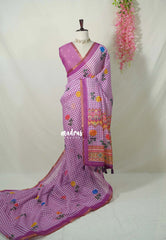White with Magenta Pink - Pragathi - Linen Cotton Saree Madras Checks with Rose Flower Prints - Best for Office Wear | Casual Wear