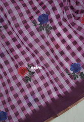 White with Magenta Purple - Pragathi - Linen Cotton Saree Madras Checks with Rose Flower Prints - Best for Office Wear | Casual Wear