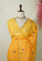 Orangish Yellow - Pragathi - Linen Cotton Saree Floral Prints with Tiny Border - Perfect for Office Wear | Summer wear | Casual Wear