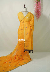 Orangish Yellow - Pragathi - Linen Cotton Saree Floral Prints with Tiny Border - Perfect for Office Wear | Summer wear | Casual Wear