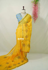 Paris Yellow - Pragathi - Linen Cotton Saree Kolam Print wiht Contrast Blouse - Perfect for Office Wear | Summer wear | Casual Wear