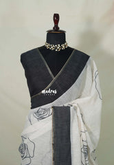 Ivory White - Pragathi - Linen Cotton Saree with Big Rose Prints - Best for Office Wear | Casual Wear