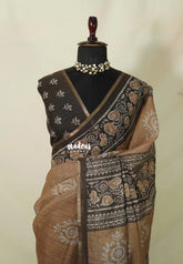 Muted Sand Brown - Pragathi - Linen Cotton Saree with Batiq Prints - Best for Office Wear | Casual Wear