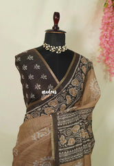 Muted Sand Brown - Pragathi - Linen Cotton Saree with Batiq Prints - Best for Office Wear | Casual Wear