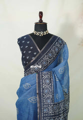 Muted Cobalt Blue - Pragathi - Linen Cotton Saree with Batiq Prints - Best for Office Wear | Casual Wear