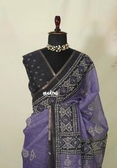 Muted Lavender Purple - Pragathi - Linen Cotton Saree with Batiq Prints - Best for Office Wear | Casual Wear
