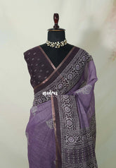 Muted Lavender - Pragathi - Linen Cotton Saree with Batiq Prints - Best for Office Wear | Casual Wear