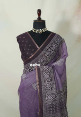 Muted Lavender - Pragathi - Linen Cotton Saree with Batiq Prints - Best for Office Wear | Casual Wear