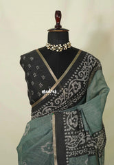 Muted Seafoam Green - Pragathi - Linen Cotton Saree with Batiq Prints - Best for Office Wear | Casual Wear
