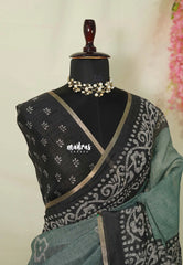 Muted Seafoam Green - Pragathi - Linen Cotton Saree with Batiq Prints - Best for Office Wear | Casual Wear