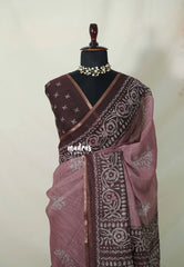 Muted Mauve Pink - Pragathi - Linen Cotton Saree with Batiq Prints - Best for Office Wear | Casual Wear