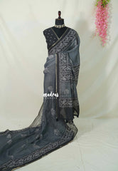 Muted Bluish Grey - Pragathi - Linen Cotton Saree with Batiq Prints - Best for Office Wear | Casual Wear