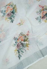 Pearl White - Pragathi - Linen Cotton Saree Digital Floral Prints with Tissue Border - Perfect for Office Wear | Summer wear | Casual Wear