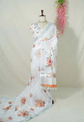 Misty White - Pragathi - Linen Cotton Saree Digital Floral Prints with Tissue Border - Perfect for Office Wear | Summer wear | Casual Wear