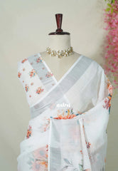 Misty White - Pragathi - Linen Cotton Saree Digital Floral Prints with Tissue Border - Perfect for Office Wear | Summer wear | Casual Wear