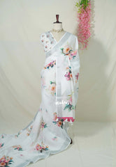 Snow White - Pragathi - Linen Cotton Saree Digital Floral Prints with Tissue Border - Perfect for Office Wear | Summer wear | Casual Wear