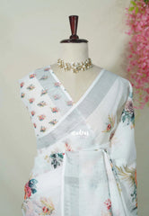 Pearl White - Pragathi - Linen Cotton Saree Digital Floral Prints with Tissue Border - Perfect for Office Wear | Summer wear | Casual Wear