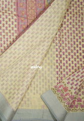 Sandal Beige with Pink - Linen Cotton Saree with Floral Embroidery Border - Perfect for Office Wear | Summer wear | Casual Wear