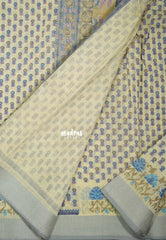 Sandal Beige with Blue - Linen Cotton Saree with Floral Embroidery Border - Perfect for Office Wear | Summer wear | Casual Wear