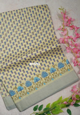 Sandal Beige with Blue - Linen Cotton Saree with Floral Embroidery Border - Perfect for Office Wear | Summer wear | Casual Wear