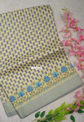 Sandal Beige with Blue - Linen Cotton Saree with Floral Embroidery Border - Perfect for Office Wear | Summer wear | Casual Wear