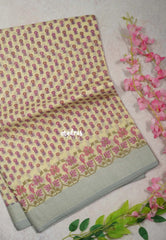 Sandal Beige with Pink - Linen Cotton Saree with Floral Embroidery Border - Perfect for Office Wear | Summer wear | Casual Wear
