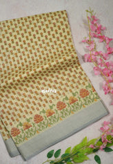 Sandal Beige with Orange - Linen Cotton Saree with Floral Embroidery Border - Perfect for Office Wear | Summer wear | Casual Wear