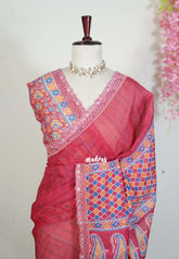 Muted Crimson Red with Heavy Lace - Linen Cotton Saree with Heavy Lace Embroidery - Perfect for Office Wear | Summer wear | Casual Wear