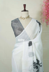 White Grace - Pragath - Linen Cotton Saree with Floral Prints - Perfect for Office Wear | Summer wear | Casual Wear