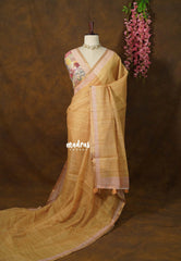 Muted Sandal - Pragath - Linen Cotton Saree Plain with Floram Blouse - Perfect for Office Wear | Summer wear | Casual Wear