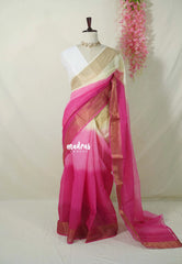 Rosy Ivory - Linen Cotton Gradient Saree with Tissue Border - Perfect for Office Wear | Summer wear | Casual Wear