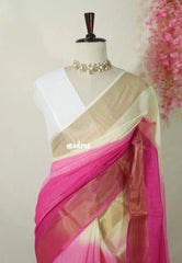 Rosy Ivory - Linen Cotton Gradient Saree with Tissue Border - Perfect for Office Wear | Summer wear | Casual Wear