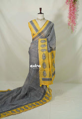Muted White and Black - Pragathi - Linen Cotton Saree Geometric Striped Pattern with Jaipur Prints - Best for Office Wear | Casual Wear