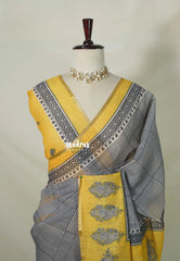 (PRE-BOOKING) Muted White and Black - Pragathi - Linen Cotton Saree Geometric Striped Pattern with Jaipur Prints - Best for Office Wear | Casual Wear