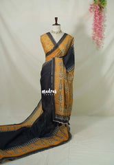 Ebony Black - Pragathi - Linen Cotton Saree with Jaipur Prints - Best for Office Wear | Casual Wear