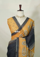(PRE-BOOKING) Ebony Black - Pragathi - Linen Cotton Saree with Jaipur Prints - Best for Office Wear | Casual Wear