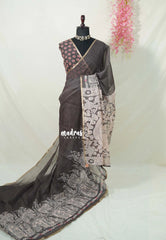 Muted Chocolate Brown - Pragathi - Linen Cotton Saree Kalahasthi Prints - Best for Office Wear | Casual Wearlamkari Kalahasthi Prints - Best for Office Wear | Casual Wear