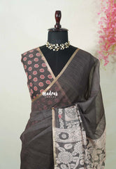 Muted Chocolate Brown - Pragathi - Linen Cotton Saree Kalahasthi Prints - Best for Office Wear | Casual Wearlamkari Kalahasthi Prints - Best for Office Wear | Casual Wear
