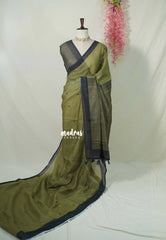 Olive Green with Mirror Work - Pragathi - Linen Cotton Saree Mirror Work with Stripes in Pallu and Blouse - Best for Office Wear | Casual Wear
